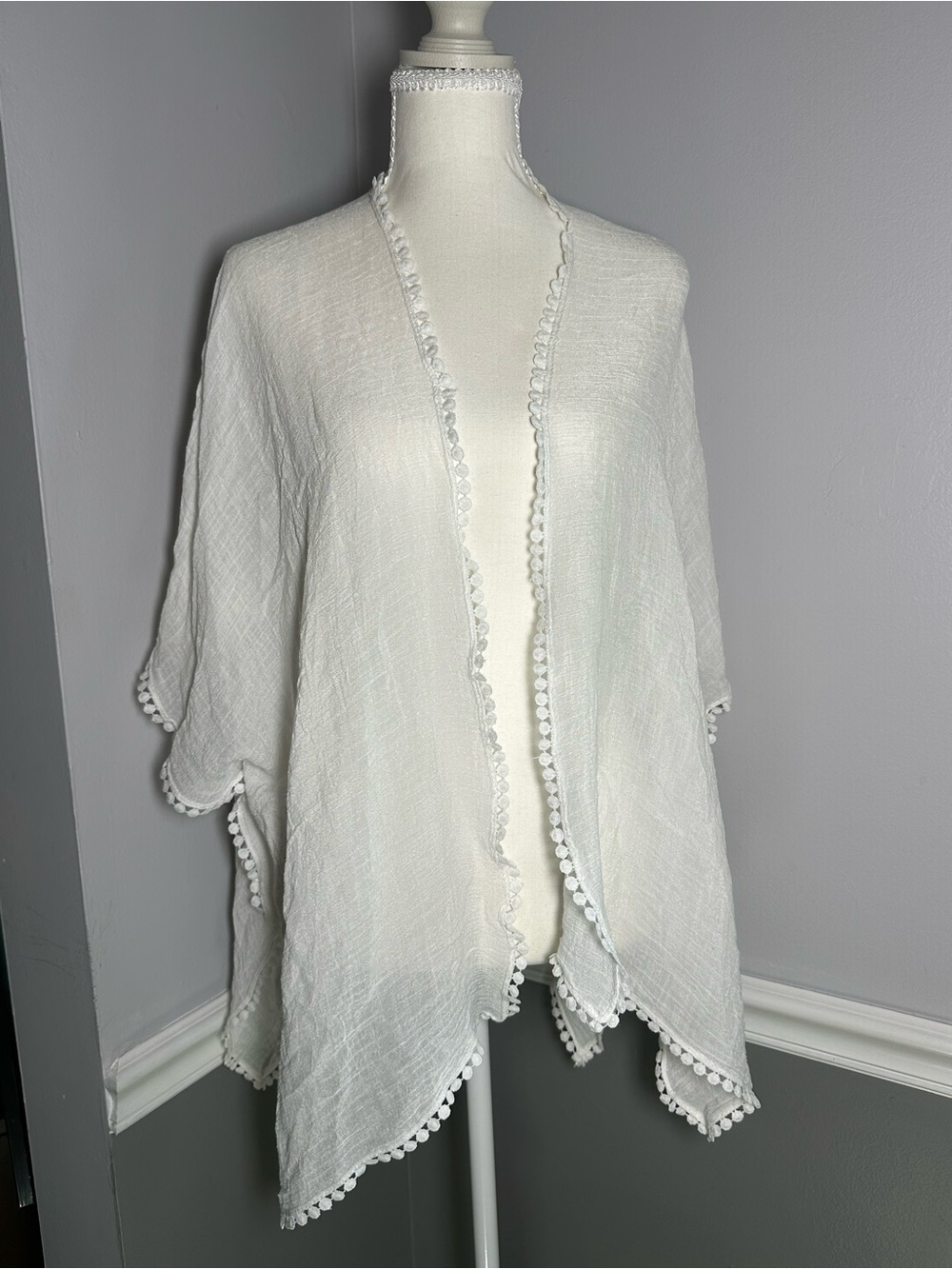 David and Young White Pom-Pom Trim Open Front Coverup One Size